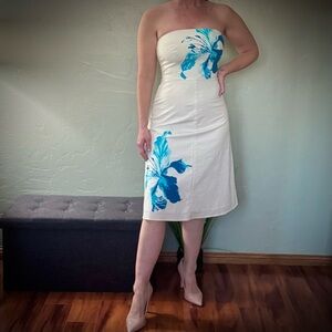 Express Stretch Strapless White Dress with Vibrant Blue Flowers
